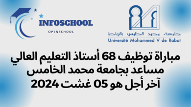 مباراة توظيف 68 أستاذ التعليم العالي مساعد بجامعة محمد الخامس. آخر أجل هو 05 غشت 2024