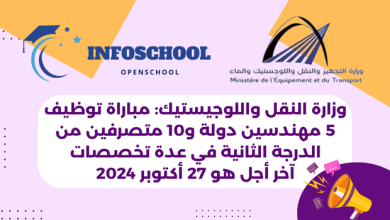 وزارة النقل واللوجيستيك مباراة توظيف 5 مهندسين دولة و10 متصرفين من الدرجة الثانية في عدة تخصصات، آخر أجل هو 27 أكتوبر 2024